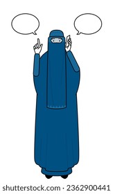 Muslim woman in burqa pointing while on the phone, Vector Illustration