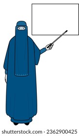 Muslim woman in burqa pointing at a whiteboard with an indicator stick, Vector Illustration