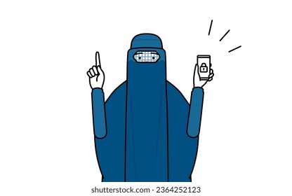Muslim woman in burqa taking security measures for her phone, Vector Illustration