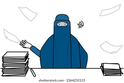 Muslim woman in burqa who is fed up with her unorganized business, Vector Illustration