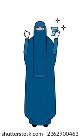 Muslim woman in burqa who is pleased to see a bankbook, Vector Illustration