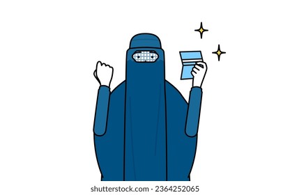 Muslim woman in burqa who is pleased to see a bankbook, Vector Illustration