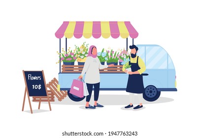 Muslim woman buying flowers from caucasian man flat color vector faceless characters. Florist with truck. Bouquets on van for sale isolated cartoon illustration for web graphic design and animation
