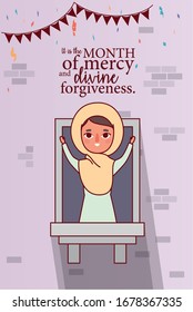 Muslim woman cartoon celebrating ramadan eid mubarak at window design, islamic religion culture belief religious faith god spiritual meditation and traditional theme Vector illustration