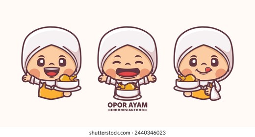 muslim woman cartoon with opor ayam Indonesian traditional food, vector illustration in outline style