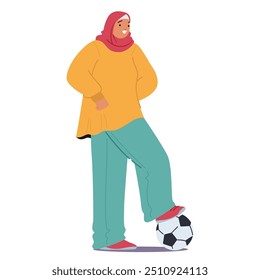 Muslim Woman Character Dressed In Casual Clothing With A Hijab, Standing With A Soccer Ball. Cartoon Vector Illustration Portrays An Active Lifestyle, Cultural Diversity, And Women Empowerment