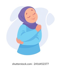 Muslim Woman Character Hug Herself Taking Care and Show Importance of Oneself Vector Illustration