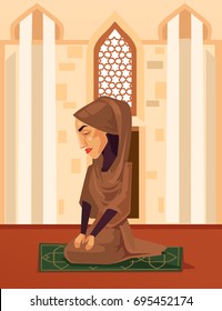 Muslim woman character praying in mosque. Vector flat cartoon illustration