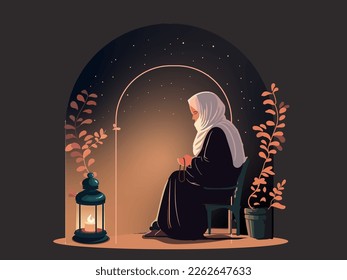 Muslim Woman Character Praying With Tasbih At Chair, Plant Pot And Illuminated Arabic Lamp On Dark Background For Islamic Festival Concept.