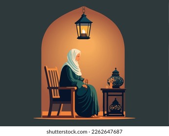 Muslim Woman Character Praying With Tasbih On Chair At Home And Hanging Illuminated Lamp. Islamic Festival Concept.