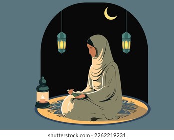 Muslim Woman Character Reading Holy Book At Round Rug And Illuminated Arabic Lamps, Crescent Moon On Black And Slate Blue Background.