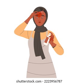 Muslim Woman Character Suffering from Neurodermatitis Applying Cream on Itchy Face Vector Illustration