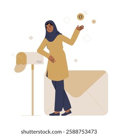 Muslim Woman Checking Mailbox In Flat Vector Illustration Symbolizing Postal Service, Mail Delivery, And Communication, Isolated On White Background