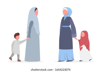 Muslim woman with child. Arabian woman inand traditional clothes. Woman wearing hijab. Islam religion. Isolated vector illustration