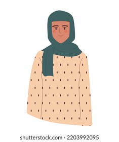 Muslim woman concept. Girl in hijab, Islam, traditions, ethnicity, culture and religion. Happy smiling character. Sticker for social networks. Society and Diversity. Cartoon flat vector illustration