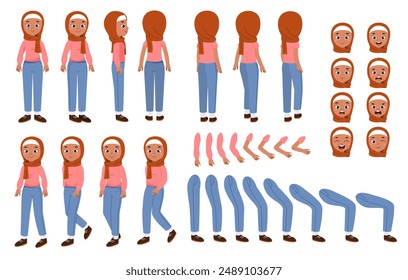 Conjunto constructor de mujer musulmana. Chica árabe con hijab. Persona en diferentes posturas y ángulo de visión. Pack de piernas, brazos y cabezas para crear animación. Colección de Vector plana aislada sobre fondo blanco