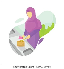 Muslim Woman Coocking Flat Illustration