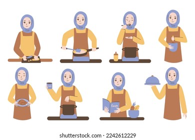 muslim woman cooking collection vector flat illustration