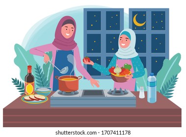 

a Muslim woman is cooking food for a pre-dawn meal in the kitchen, and is assisted by her daughter. With a night background.