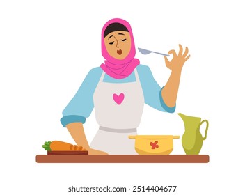 Mulher muçulmana cozinhando na cozinha, cortando verduras, degustando. Cartoon personagem feminina árabe no hijab e avental preparando um prato halal. Ilustração plana vetorial isolada no branco