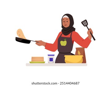 Mujer musulmana cocinando en la cocina, preparando unos panqueques. Personaje femenino árabe de la historieta en el hijab que sostiene la cacerola y fríe los panqueques, pastel casero. Ilustración plana de Vector aislada en blanco