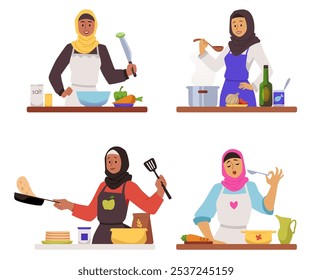 Mujer musulmana que cocina en el conjunto de ilustraciones planas del Vector de la cocina. Personaje femenino árabe de dibujos animados con hijab y delantal preparando un plato halal. Degustación de la comida de la olla, freír panqueques aislados en blanco