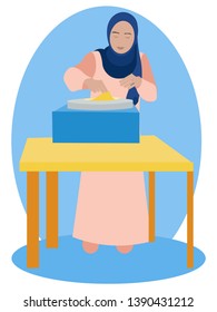 Muslim woman cooking pancakes. In minimalist style Cartoon flat Vector Illustration