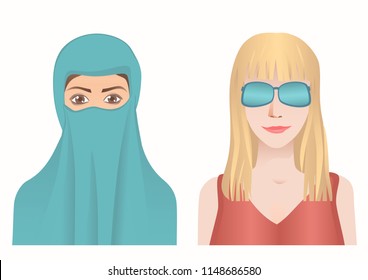 The Muslim woman covers the face and wear a niqab. The secular woman covers her eyes with glasses. Different cultures traditional clothing. Vector illustration EPS-8.