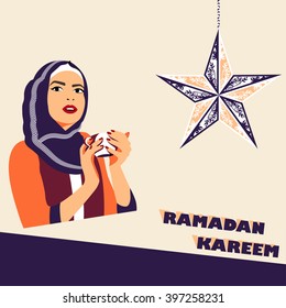 Muslim woman with cup of coffee during iftar (evening meal during Ramadan). Ramadan background and traditional greeting "Ramadan Kareem". On the wall holiday decor - star with floral ornament. Vector