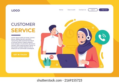 Muslim woman customer service wearing hijab, telemarketing and call center illustration concept