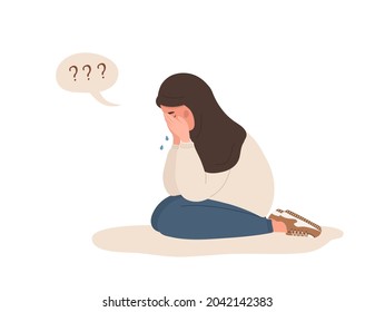 Muslim woman in depression. Sad teenager in hijab sitting on floor and crying. Violence in family or mood disorder concept. Vector illustration in flat cartoon style.