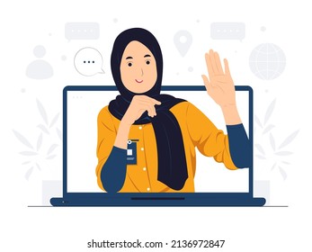 Mujer musulmana hace videoconferencia de negocios, teletrabajo, seminario web, utilizando charla de laptop con colegas, aprendizaje en línea e ilustración de concepto de trabajo remoto