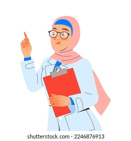 Muslim Woman Doctor or Practitioner in Uniform with Clipboard Engaged in Medical Examination Vector Illustration