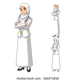 Muslim Woman Doctor Wearing White Veil or Scarf with Folded Hands Cartoon Character Vector Illustration