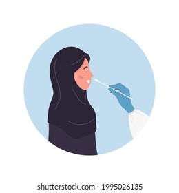 Muslim woman does PCR test. Nasal swab laboratory analysis. Covid-19 Coronavirus testing. Doctor takes swab. Vector illustration in flat cartoon style.