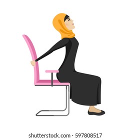 Muslim woman is doing exercises on the office chair. Arab woman in healthy pose. Vector illustration.