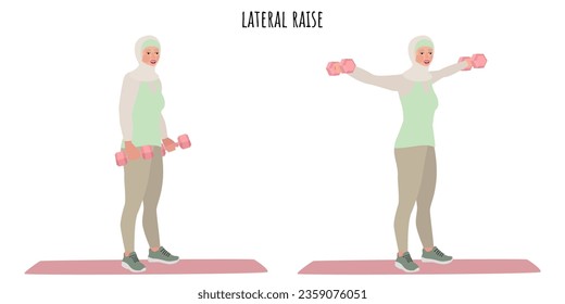 Muslim woman doing lateral raise exercise. Feminism, self acceptance and liberty. Active lifestyle. Sport, wellness, workout, fitness. Flat vector illustration