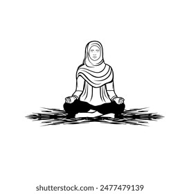 Mujer musulmana haciendo lotus yoga en Ilustración vectorial blanca y negra