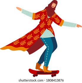 Muslim woman doing sports, girl skateboarder in traditional hijab clothes, cartoon style vector illustration, isolated on white. Extreme skateboarding, active lifestyle, culture without stereotypes.