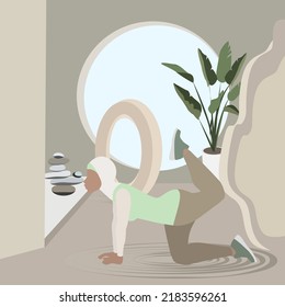 Muslim woman doing yoga. Tiger pose. Yoga Vyaghrasana posture or asana. Female cartoon yoga pose. Full body yoga workout vector illustration