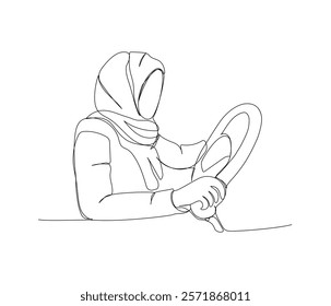 Muslim woman driving a car, Arab woman sitting behind the wheel one line art. Continuous line drawing of online Muslims, Islam, traditions, clothing, folk, oriental.