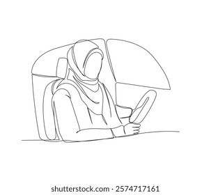 Muslim woman driving a car, Arab woman sitting behind the wheel one line art. Continuous line drawing of online Muslims, Islam, traditions, clothing, folk, oriental.