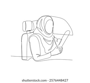 Muslim woman driving a car, Arab woman sitting behind the wheel one line art. Continuous line drawing of online Muslims, Islam, traditions, clothing, folk, oriental.