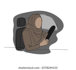 Muslim woman driving a car, Arab woman sitting behind the wheel one color line art. Continuous line drawing of online Muslims, Islam, traditions, clothing, folk, oriental.