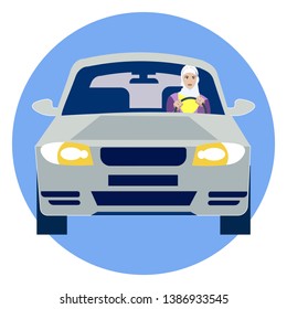 Muslim woman driving a car. In minimalist style. Cartoon flat Vector Illustration