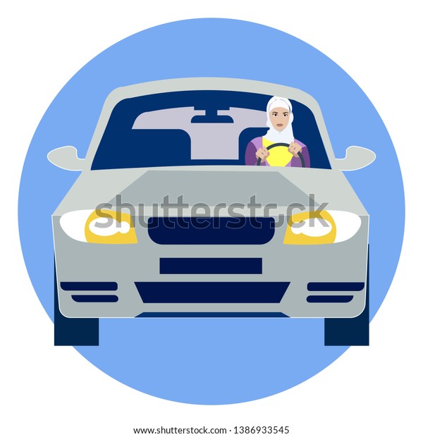 Muslim woman driving a car. In minimalist\
style. Cartoon flat Vector\
Illustration