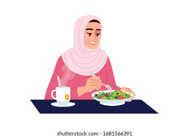 Muslim woman eating salad with tea semi flat RGB color vector illustration. Vegetarian nutrition, vitamin diet. Arab lady enjoying healthy food isolated cartoon character on white background