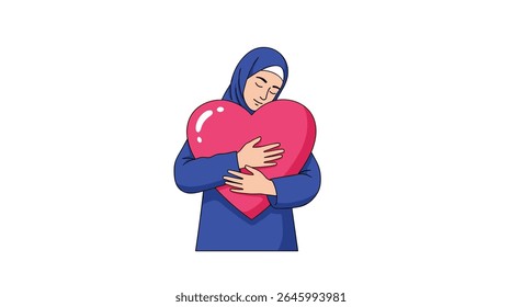 Muslim Woman Embraces Affectionate Love Heart on White Background