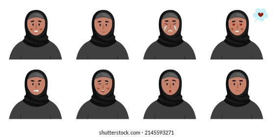 Muslim woman emotions set. Different face avatars. People facial expression icons. Vector illustration of a young woman in hijab in flat style isolated on white background.