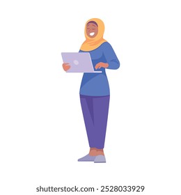 Muslim Woman Entrepreneur Character Standing with Laptop Vector Illustration
